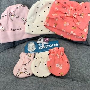 Newborn hats with matching mittens